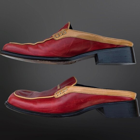 Vintage Simard Red Slip On Loafers Mules Size 38 US 7.5 Leather Square Toe Italy - Picture 5 of 11